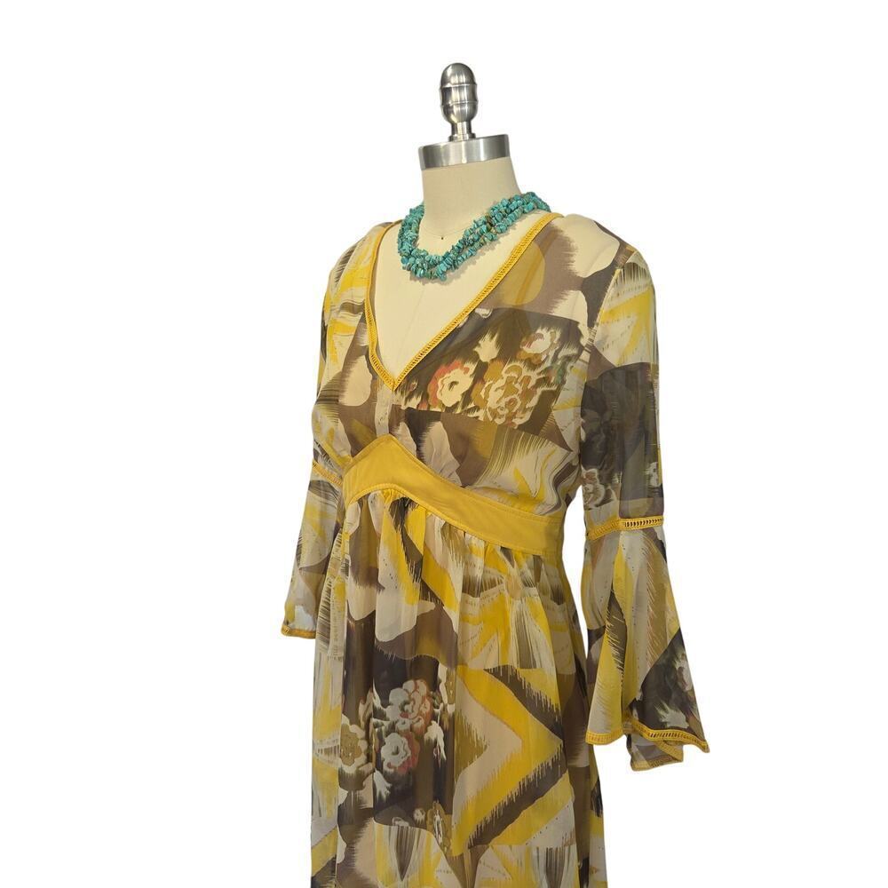 Vintage 90s does 70s biyaycda Dress Size 10 Yellow Boho Bell Sleeve Chiffon - Picture 5 of 9